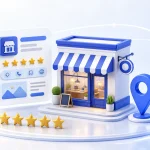 3D local storefront with a business profile panel, map pin, and review stars